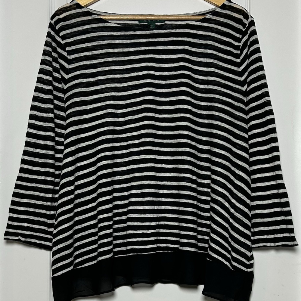 Lauren Ralph Lauren 100% Linen Black White Striped Boat Neck 3/4 Sleeve Top